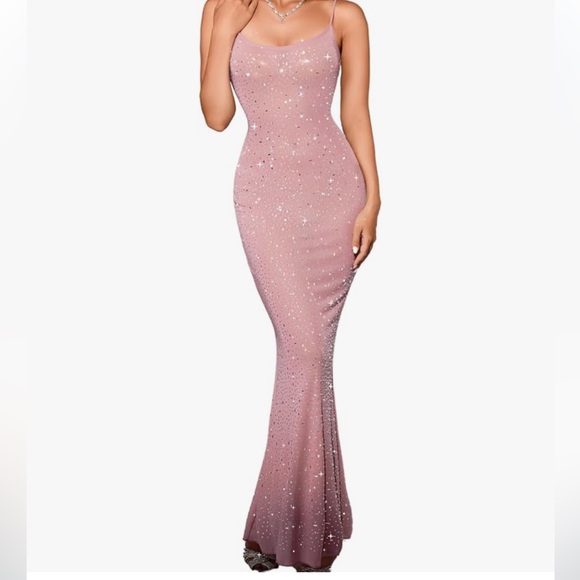 Crystal rhinestone long dress pink sexy Marilyn sheer mesh pinup bride wedding